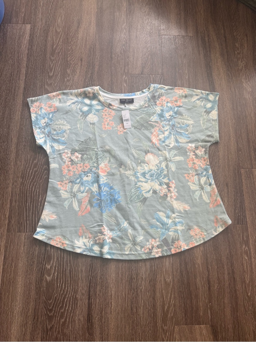 Lane Bryant Floral Short Sleeve Tee in Sage with Blue & Coral Accents